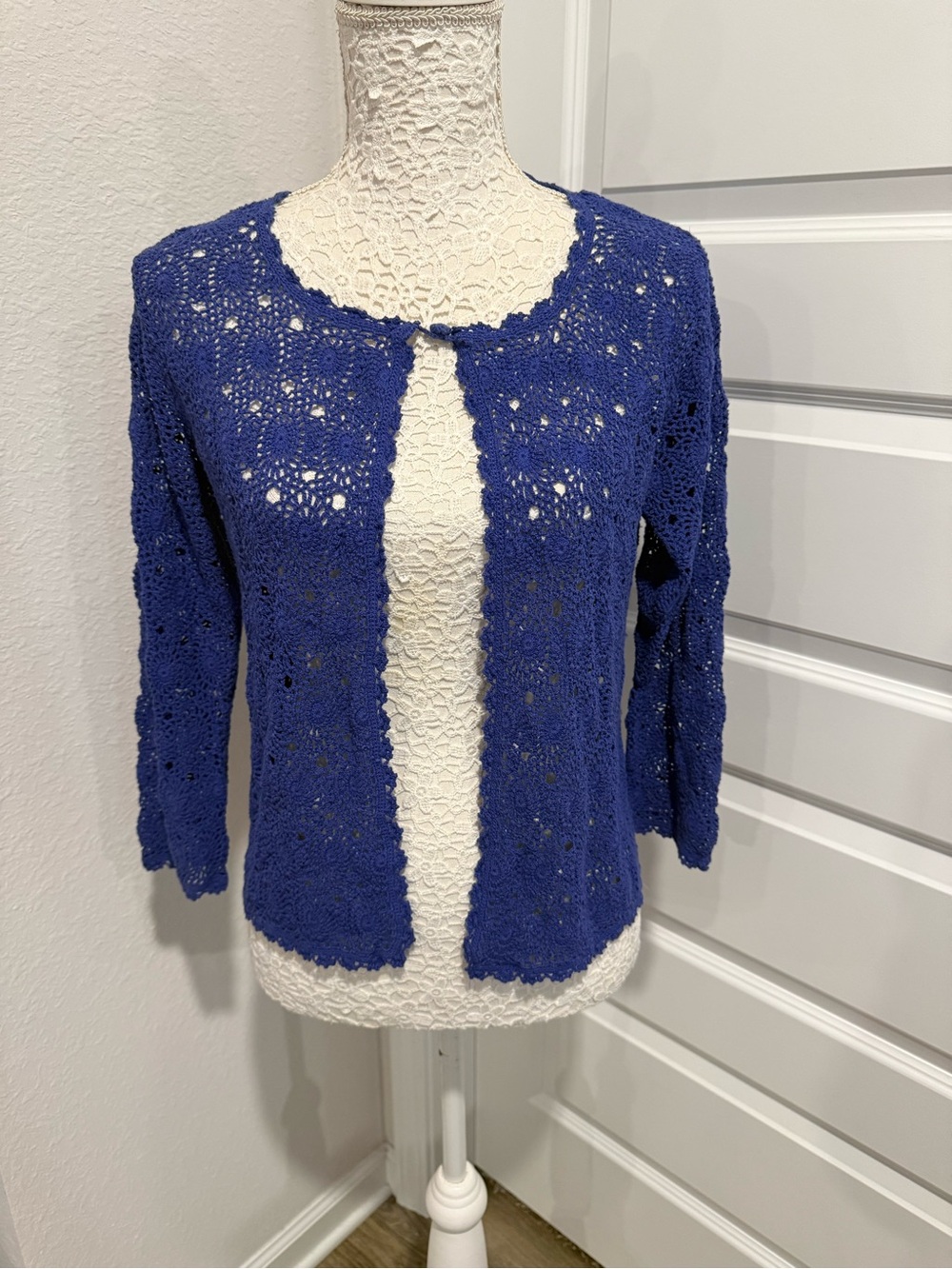 Vintage 90s April Cornell Blue Crochet Cardigan Sweater Large